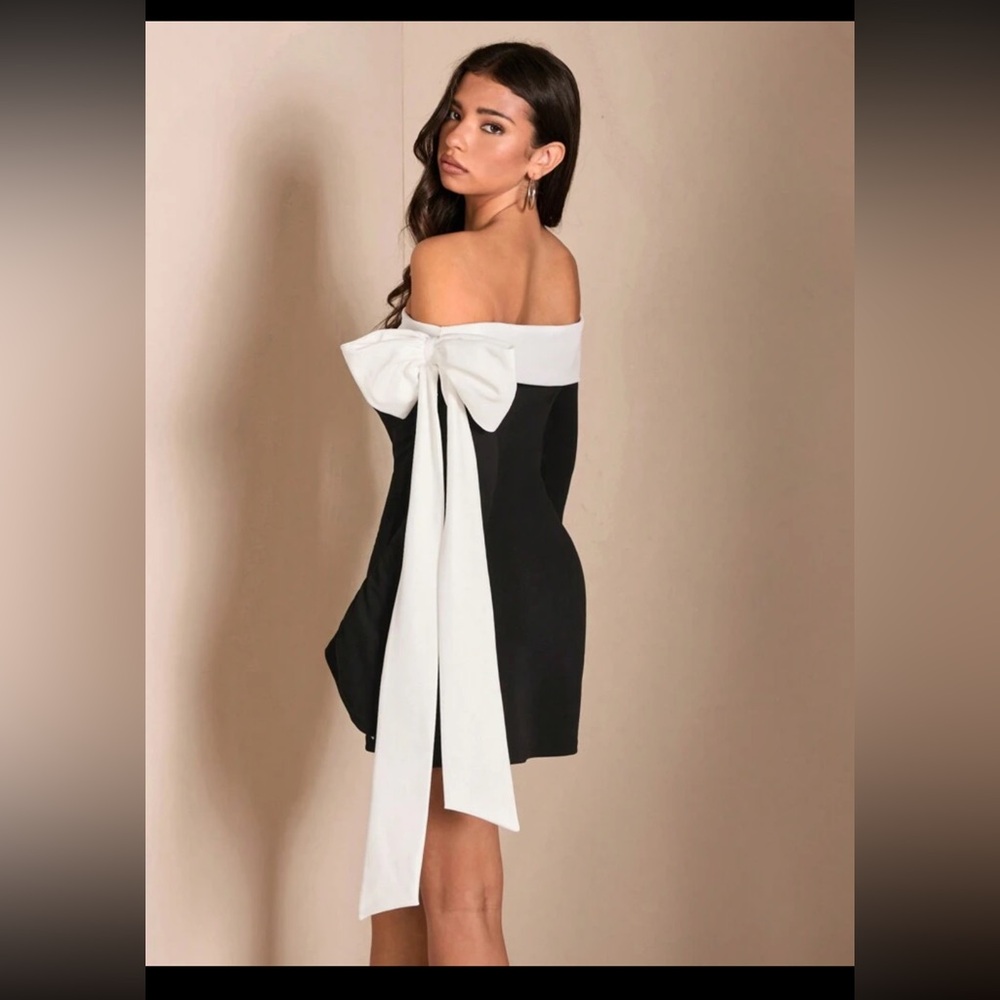 Black & White Bowknot Off-Shoulder Long Sleeve Mini Dress Size Medium NWT - Picture 6 of 10